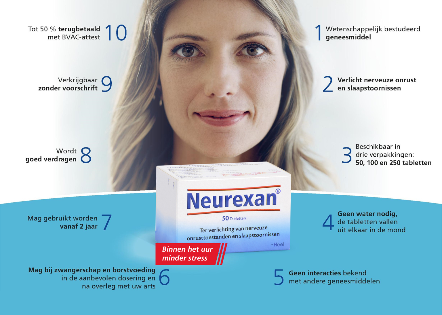 1. Wetenschappelijk bestudeerd geneesmiddel
2. Verlicht stress en slaapstoornissen
3. Beschikbaar in verpakkingen van 50, 100 of 250 tabletten.
4. Geen water nodig voor inname.
5. Geen interacties bekend met andere geneesmiddelen
6. Mag bij zwangerschap en borstvoeding
7. Vanaf 2 jaar
8. Goed verdragen
9. Verkrijgbaar zonder voorschrift
10. Tot 50% terugbetaald met BVAC-attest.
