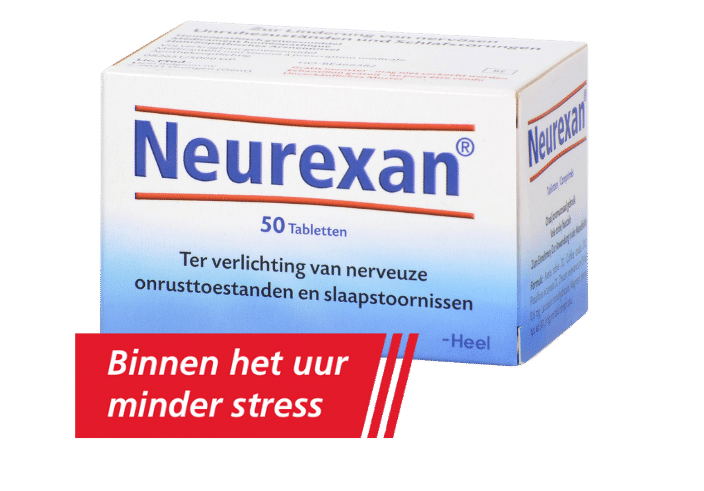 Verpakking Neurexan met daarbij de tekst binnen het uur minder stress